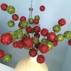 Christmas Red Green Glittered Sequin Beaded Pom Ball Sprays Picks Branches Set